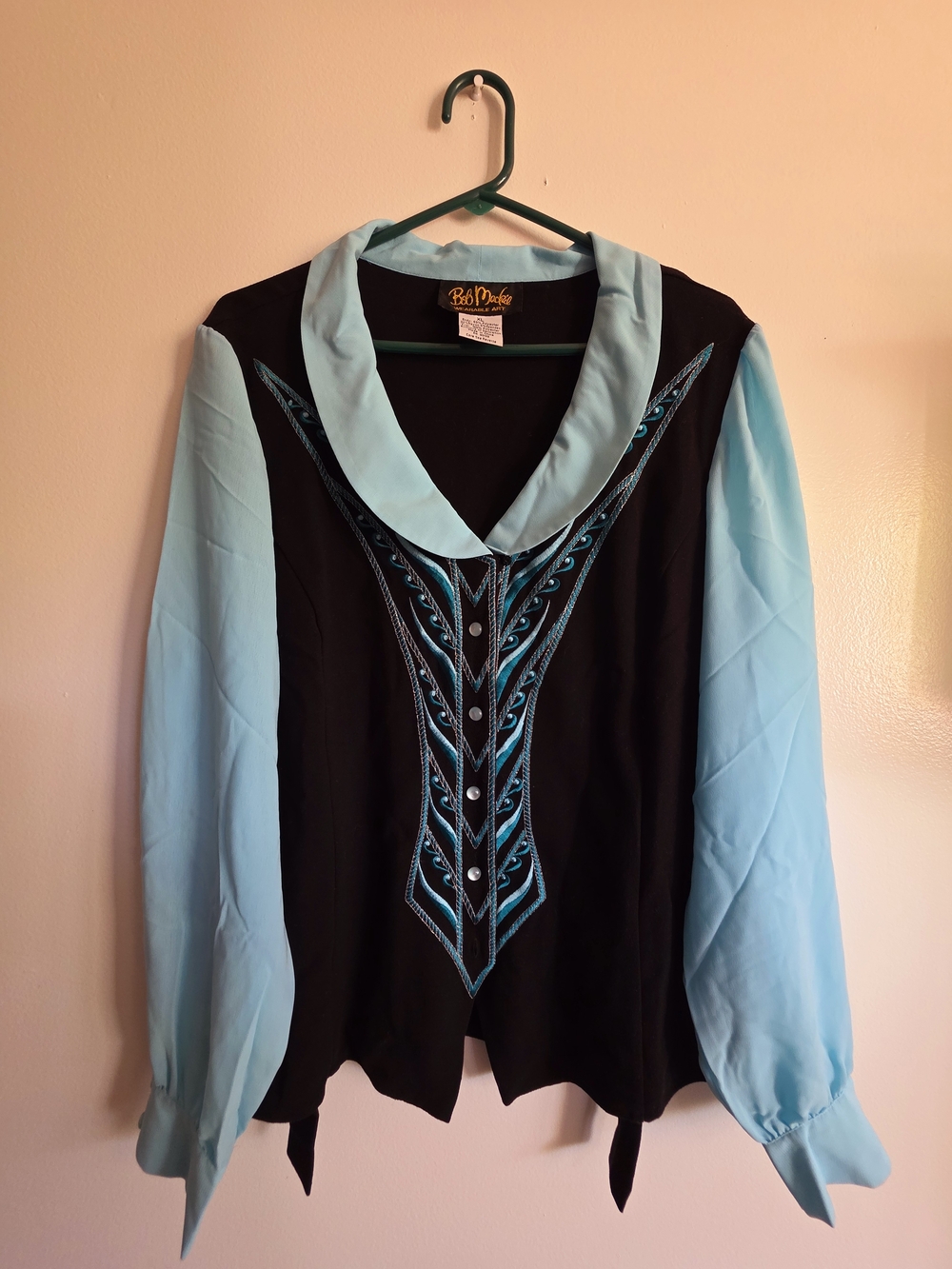 Vintage Bob Mackie Black & Light Blue Embroidered Long-Sleeve Top